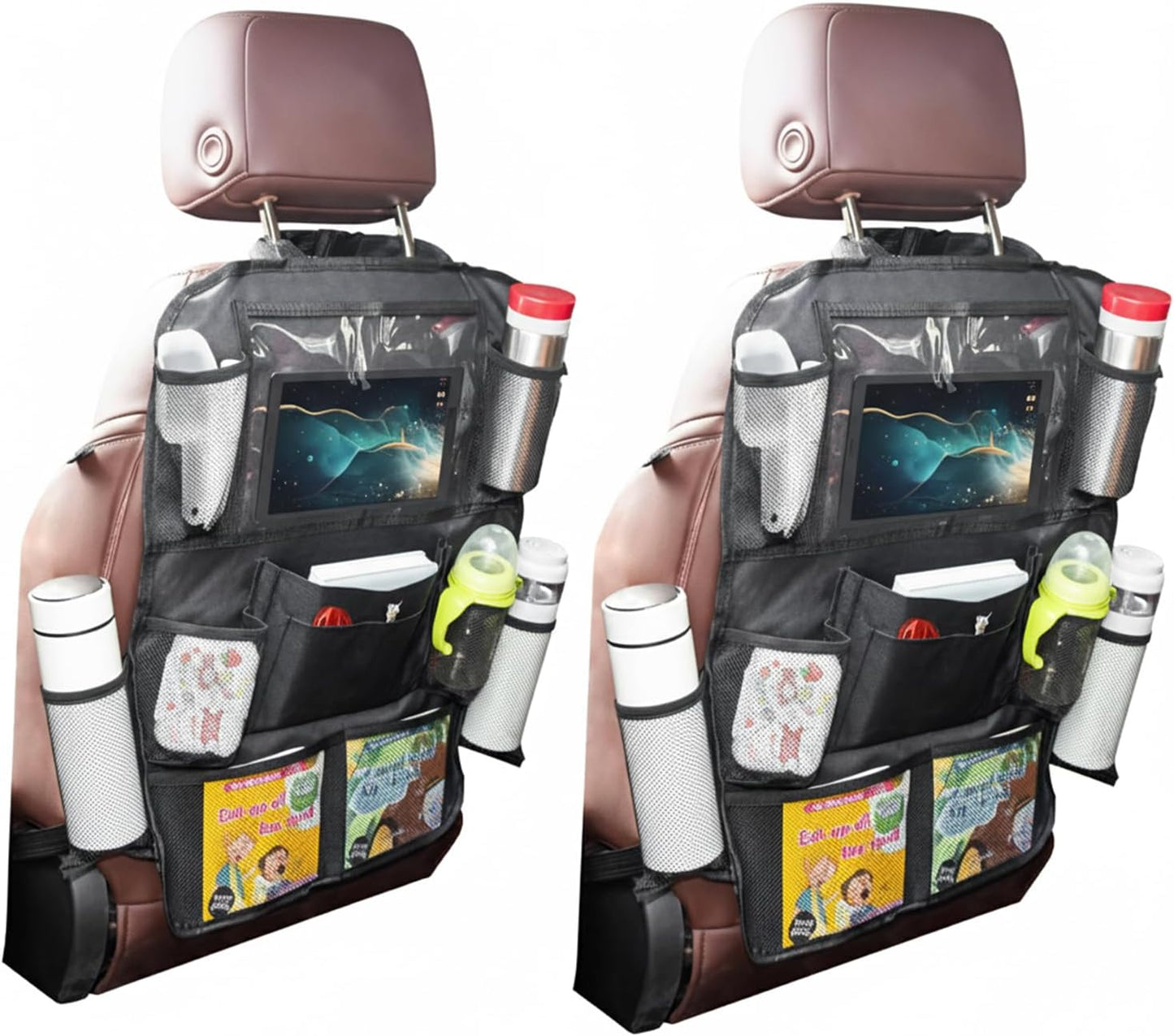2 Pack Car Organizer Backseat with 12 Storage Pockets, Waterproof Back of Seat Car Storage Organizer Kick Mats for Kids Baby
