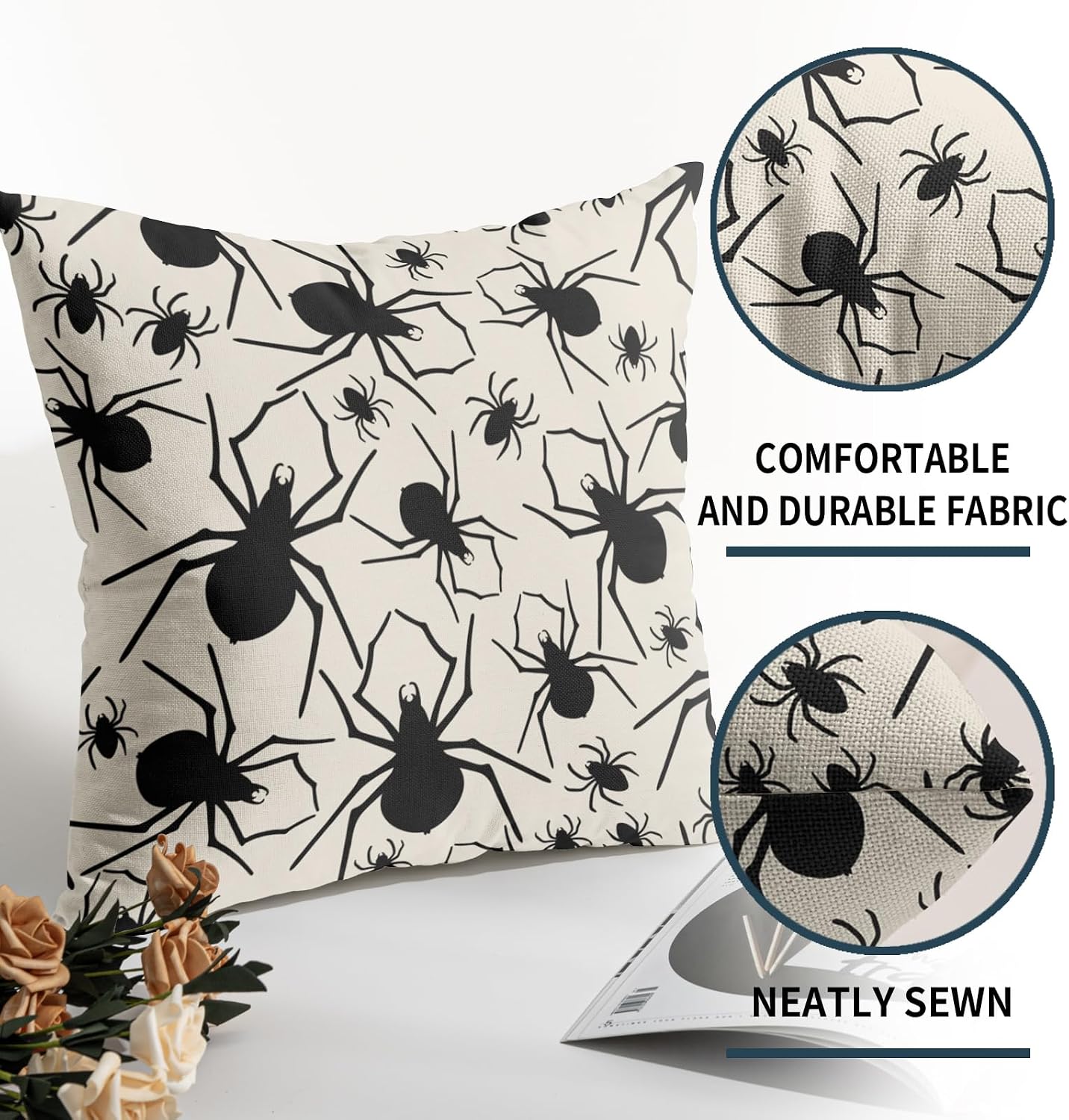 Robvobe Cream Halloween Pillow Covers 18x18 Set of 2 Black Spider Print Outdoor Decorative Throw Pillows Holiday Scary Themed Farmhouse Pillowcases Linen Cushion Case Decor for Home Sofa Couch Bed