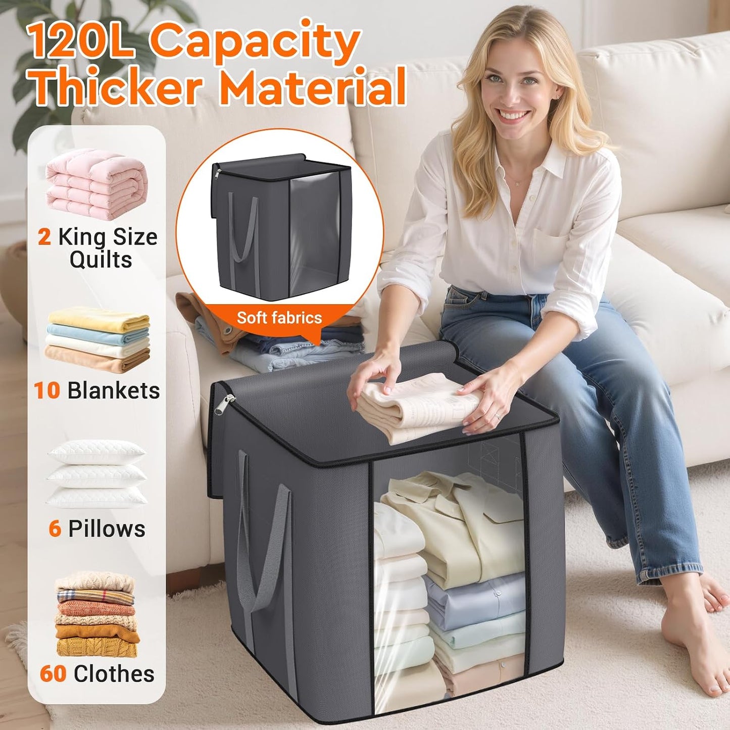 TasticTotes 120L Extra Large Clothes Storage Bags, Foldable Blanket Storage and Organization, Thick Fabric Containers with Reinforced Handles & Zippers for Clothing, Comforters, Bedding, Gray, 2 Pack
