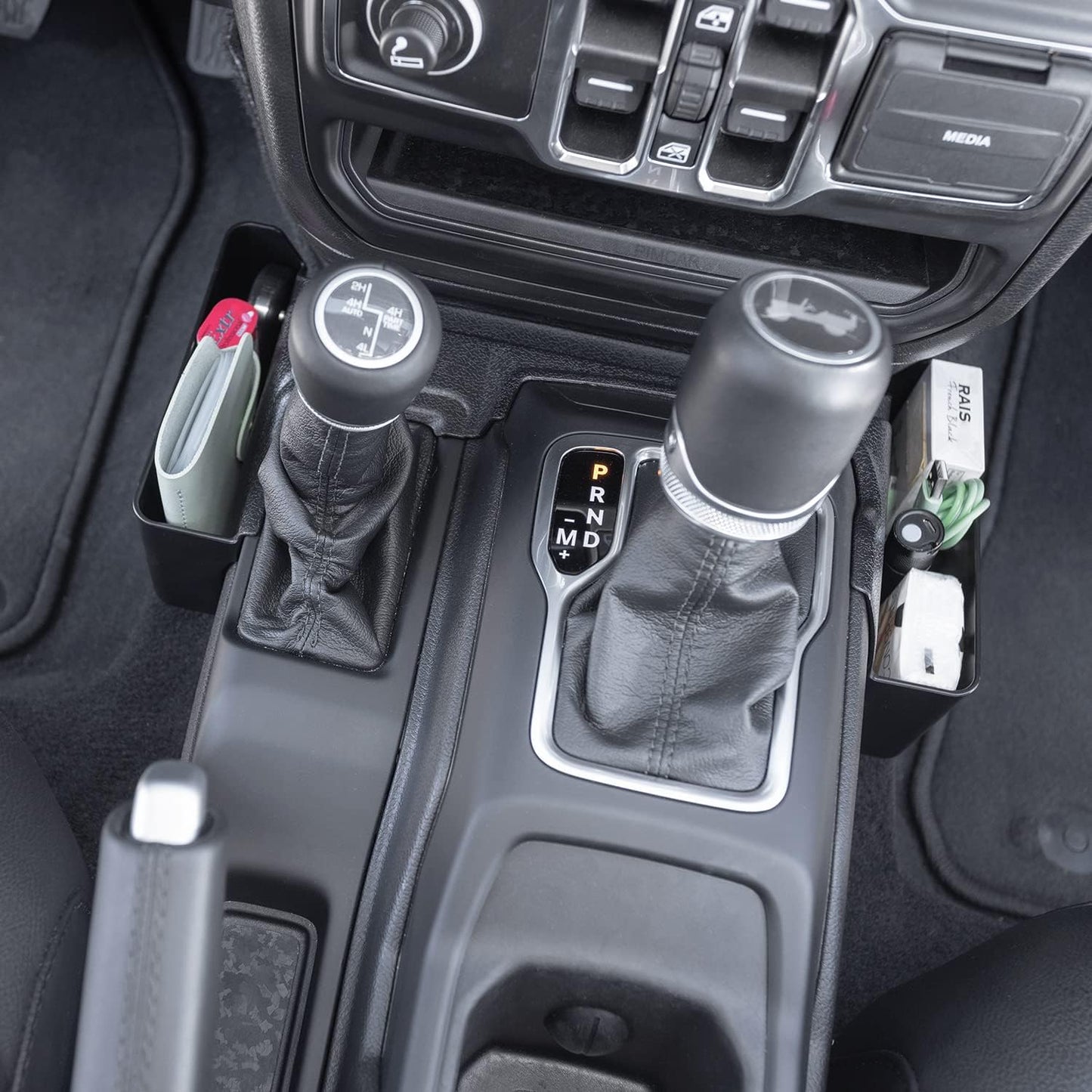 PIMCAR 2PCS Center Console Organizer for 2018-2025 2026 Jeep Wrangler JL/JLU & Gladiator JT, Gear Shift Side and Center Console Hanging Storage Box Durable Interior Accessories