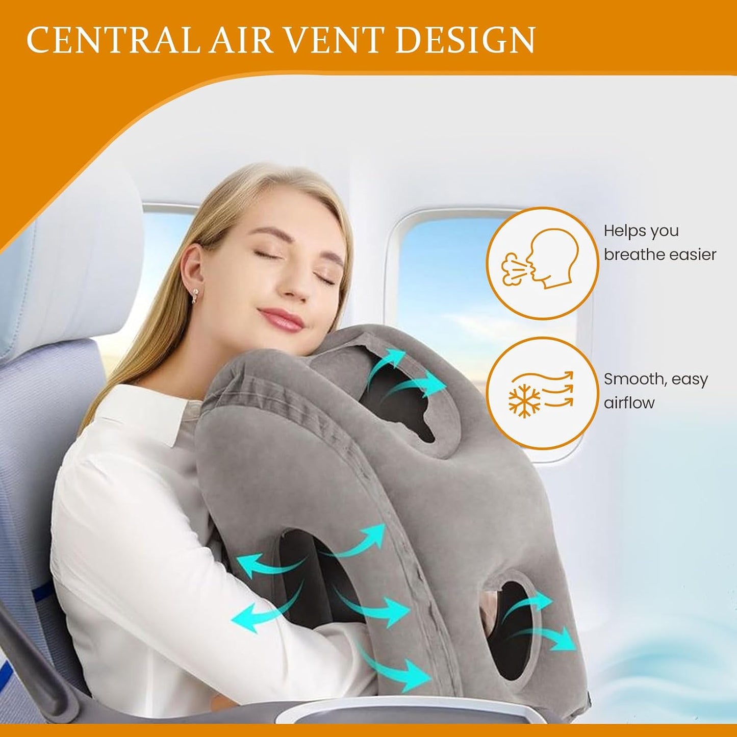 Inflatable Travel Pillows for Airplanes, Blow Up Travel Pillow for Train Office Car with Chin and Neck Support, Inflatable Travel Pillow for Sleep Support with Eye Mask, Bag & Earplugs_Gray