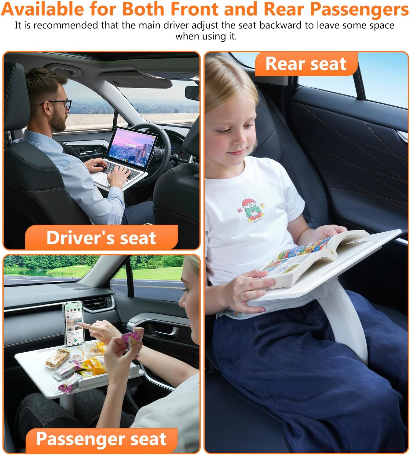 Car Seat Tray Table, Adjustable Travel Tray for Kids/Adults, Car Lap Desk for Laptop Computer Tablet Book, Front Passenger/Rear/Driver Seat Food Eating, Essentials Accessories for Long Trips
