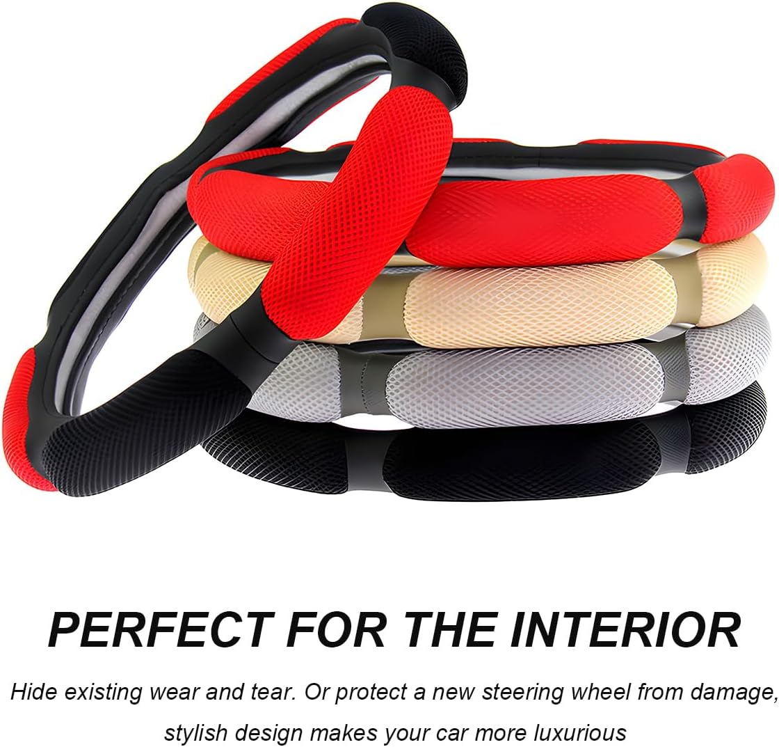 Car Steering Wheel Cover, 15" Anti-Slip Steering Wheel Protector Soft Hand Pad Cushion, Breathable Ice Silk Auto Wheel Wraps Comfy Grip All-Season Protector for Most Vehicles (Black)