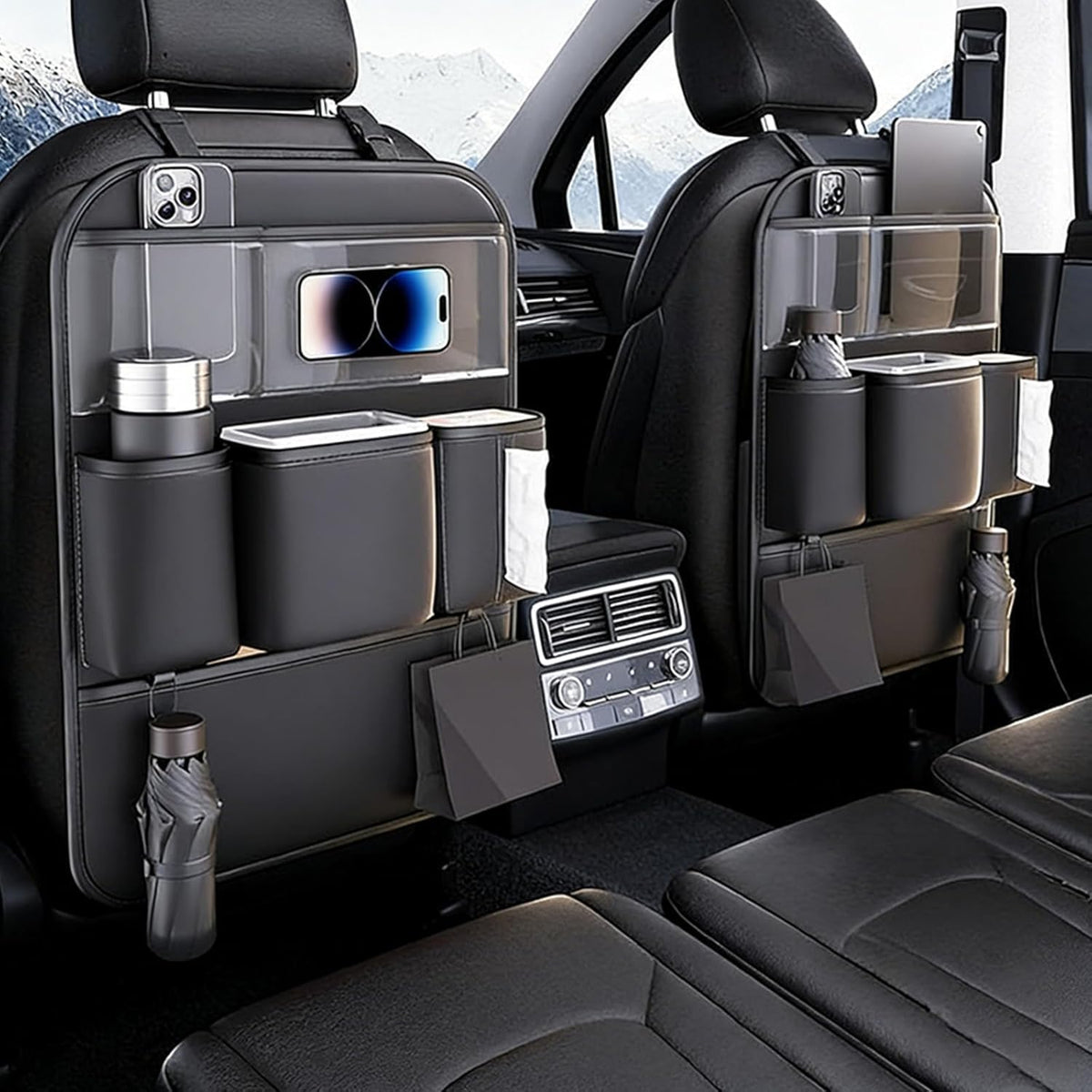 2 Pack Car Back Seat Organizer, PU Leather Storage Pockets, Black