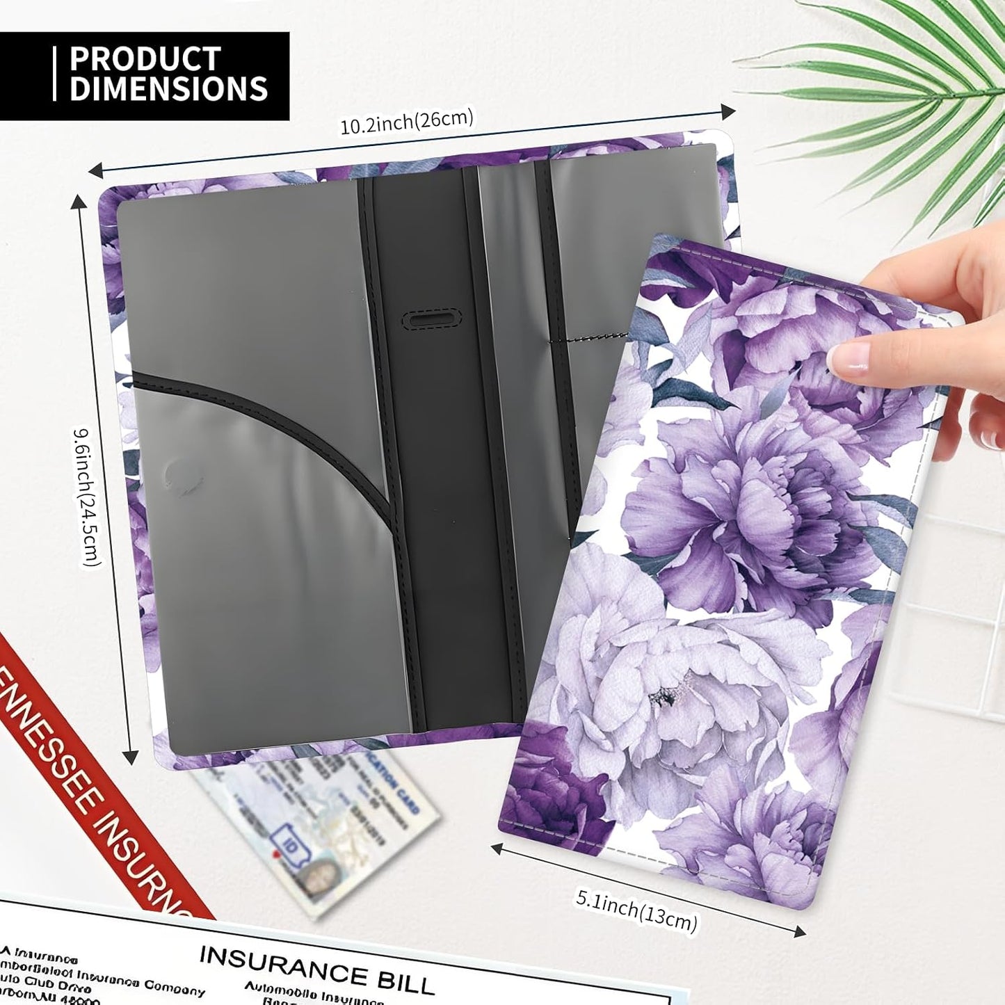 Leather Car Registration and Insurance Card Holder, Cute Car Accessories Vehicle Glove Box Car Organizer for Documents, Cards, License Cute Purple Flowers