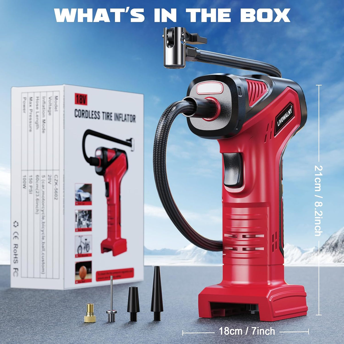 LIVOWALNY Tire Inflator Portable Air Compressor Compatible with Milwaukee 18V Battery, 150PSI Air Pump Cordless Tire Pump Digital Pressure Gauge, Tire Inflator for Car, Bike, Motorcycle (Tool Only)