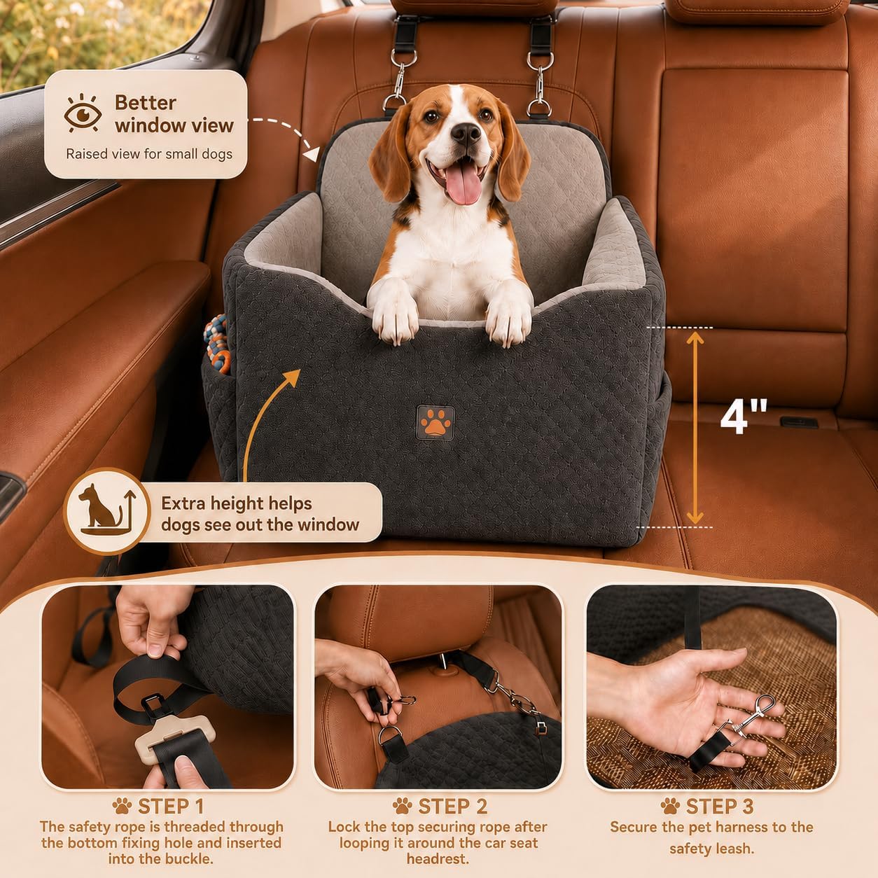 Dog Car Seats for Small/Medium Dogs, Puppy Car Seat with Side Opening, Thick Cushion, Detachable Washable Dog Carseat with Storage Pockets for Dogs Up to 35lbs (Grey)