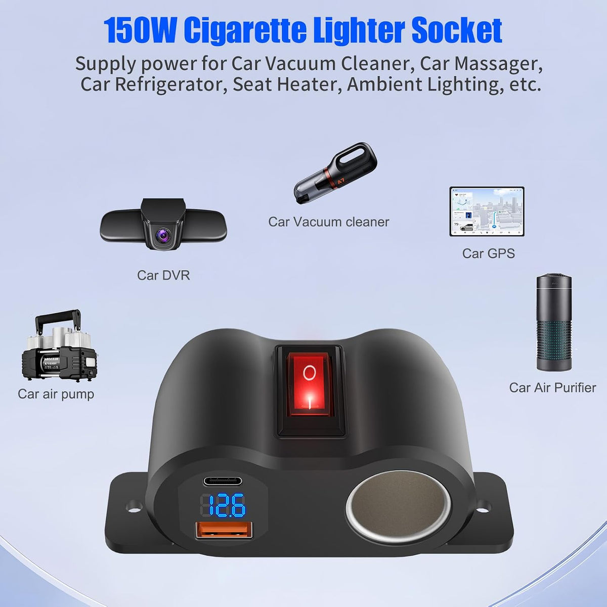 2-in-1 Surface Mount 12V USB Outlet Cigarette Lighter Socket, PD 30W and QC18W Car USB Port Car Charger with Button Switch LED Voltmeter and 120W Socket, Suitable for Cars, Boats, RVs and ATVs