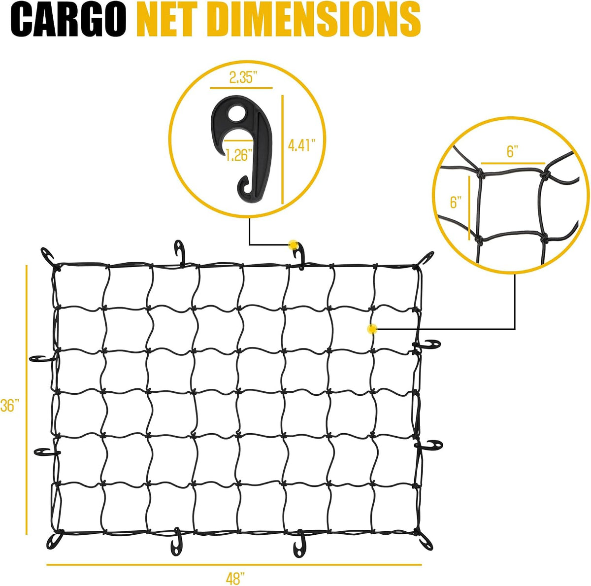 ARKSEN 36" x 48" Heavy Duty Tangle-Free Nylon Cargo Net (6" x 6" Mesh) Universal Bungee Stretches for Pickup, Truck, Bed, SUV, Roof Rack & Travel Luggage Rack