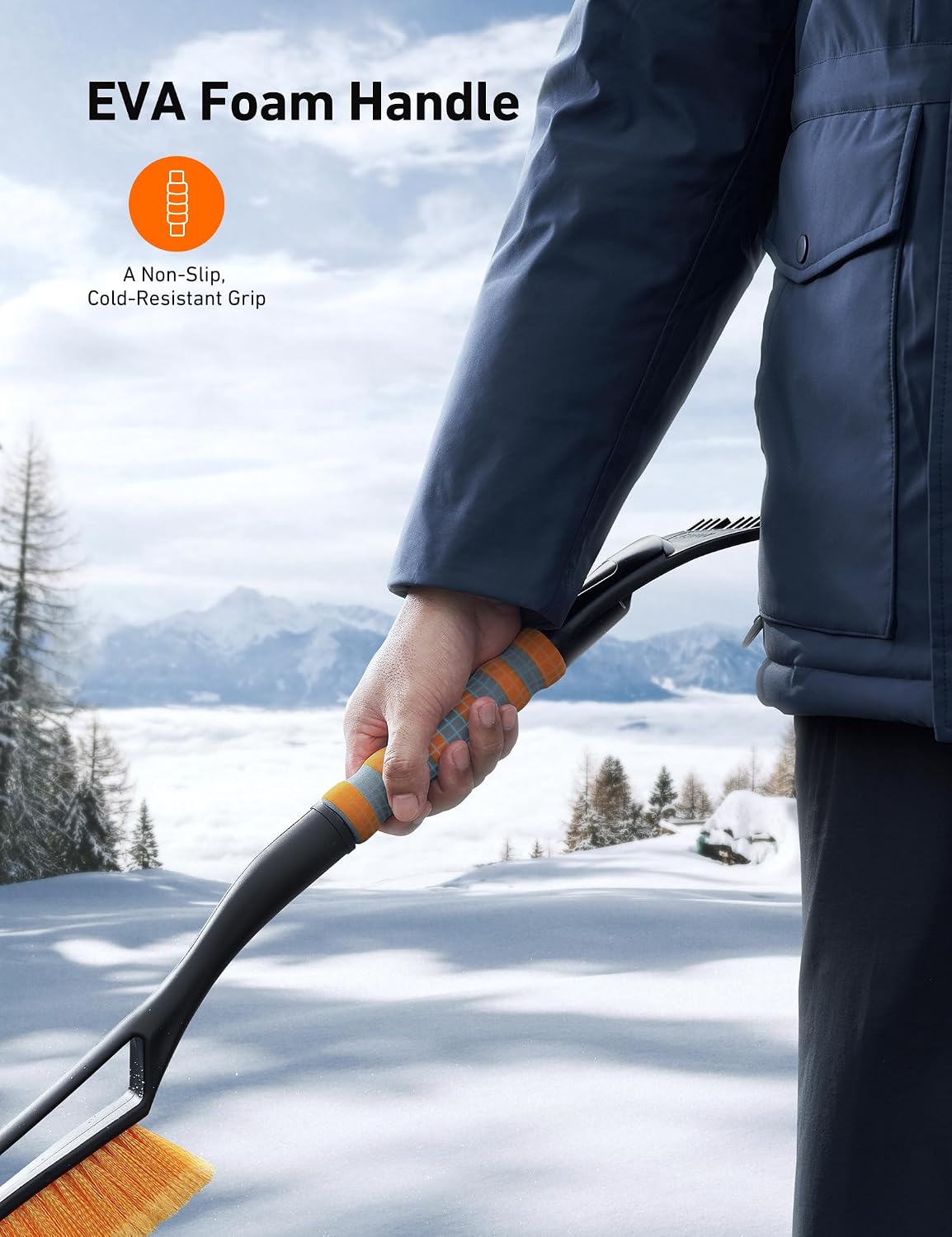 AstroAI 27" 2-in-1 Detachable Snow Brush &amp; Ice Scrapers for Car Windshield | Snow Removers with No-Scratch Bristles, Ergonomic Handles &amp; Easy Storage, Winter Accessories for Cars, SUVs, Trucks (Orange)