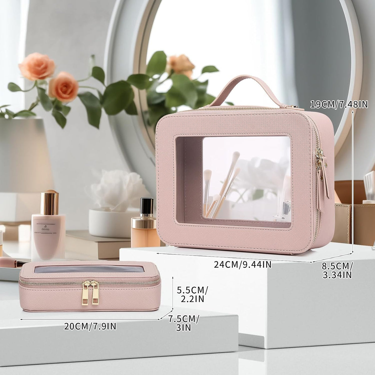 Pinkmik Clear Makeup Bag with Brush Bag, (Pink, L+SLIM)