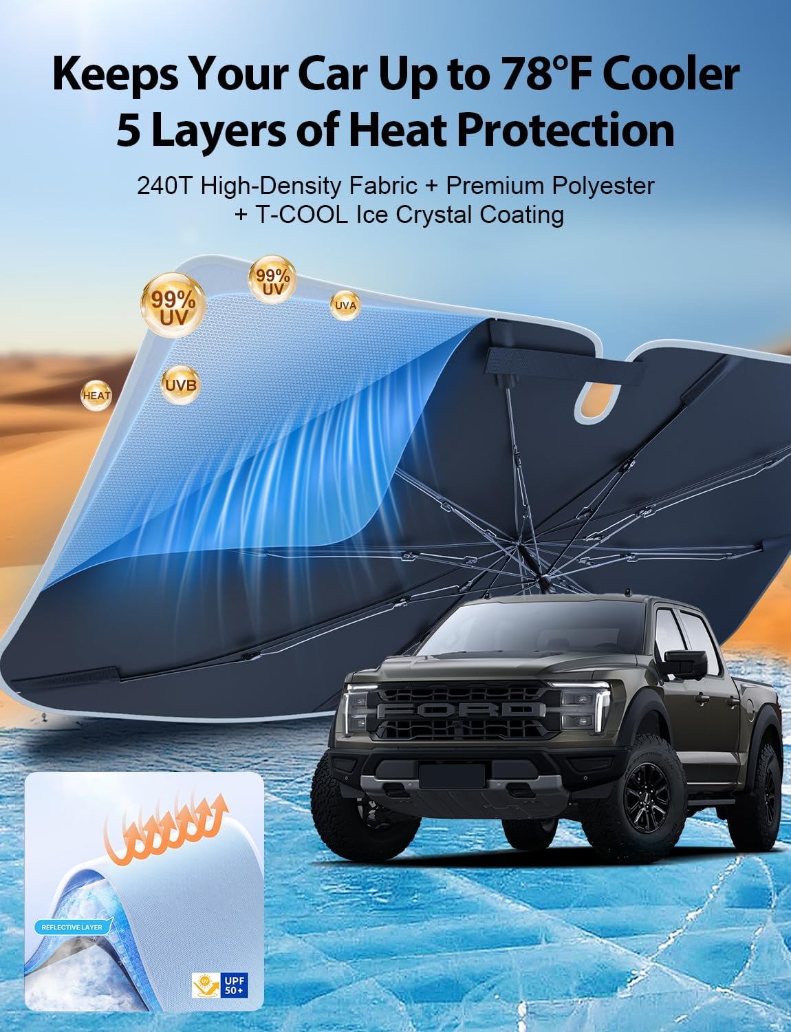 2026 Flagship Truck Windshield Sun Shade Umbrella for Ford F150/250/350, Silverado, Tundra, RAM 1500, Sierra – Ice Crystal Coating Blocks 99.9% UV & Heat, Keeps Car Cool & Protects Interior, Easy Use