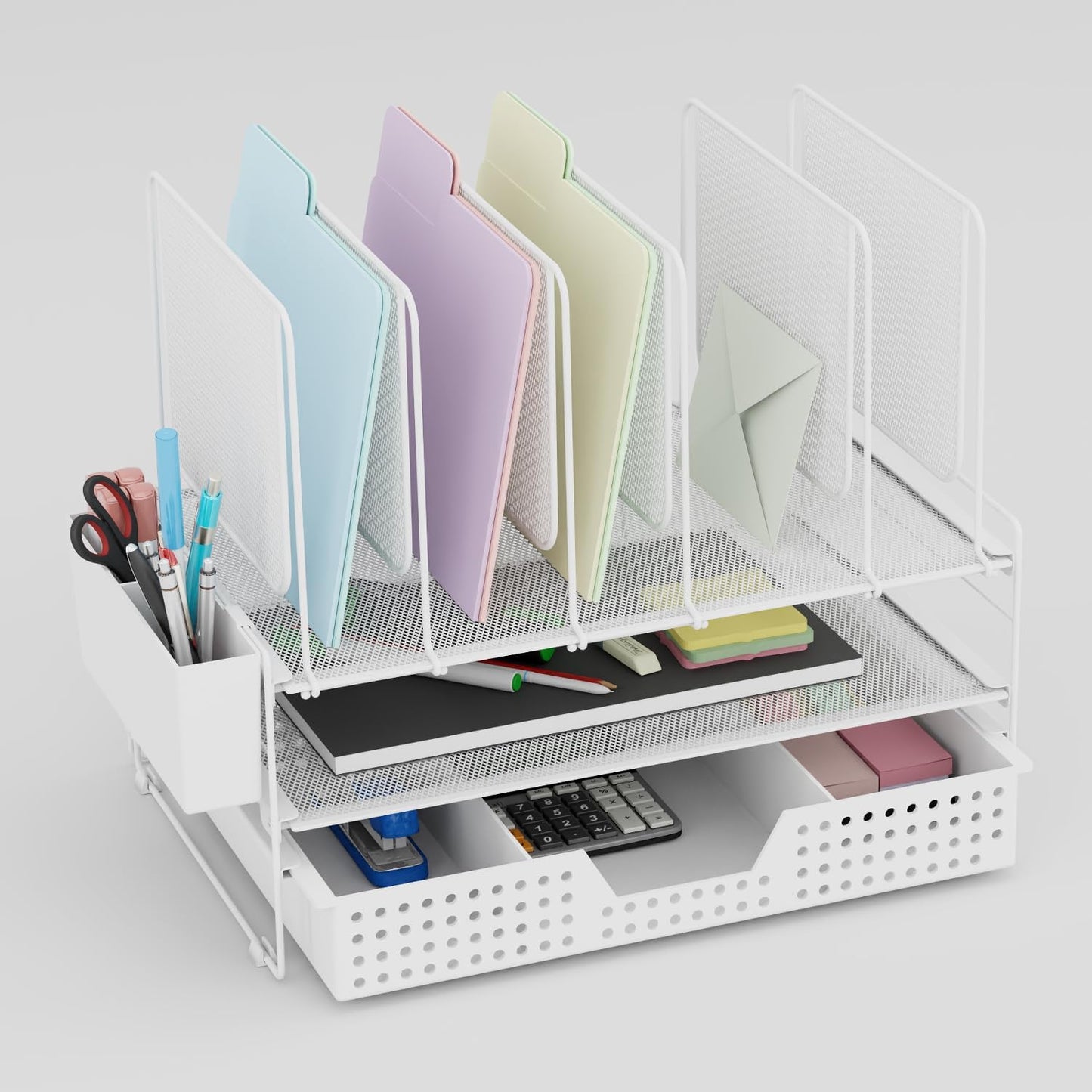 LEKETREE Desk Organizer, Office Organization with Vertical File Holder, File Organizer with Drawer and Pen Holder, Desk Accessories and Workspace Organizers for Home Office (Purple)
