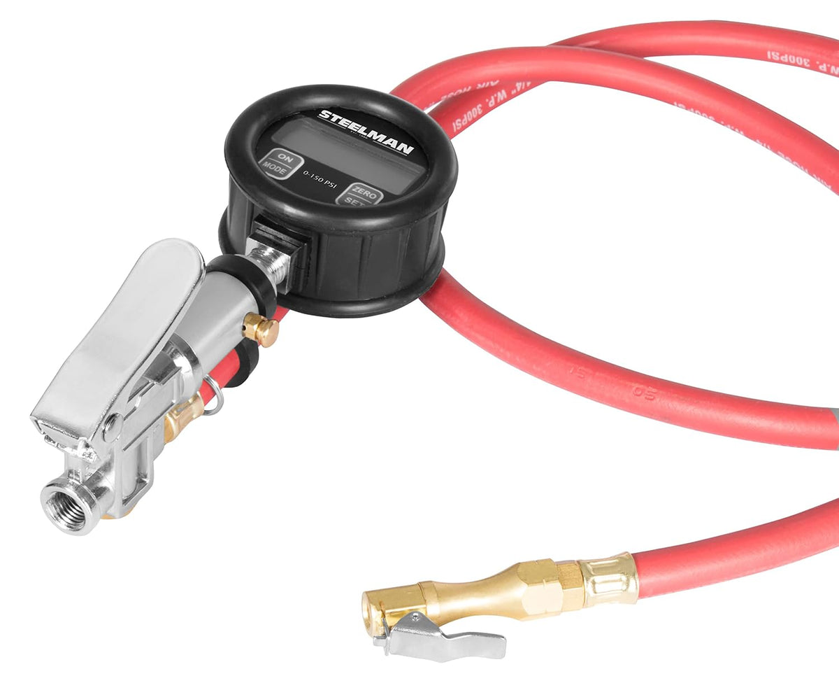 Steelman Digital Pressure Gauge Tire Inflator with 15-Foot Pneumatic Whip Hose, 0-150 PSI, Protective Casing