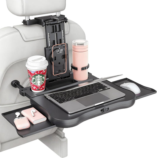 Car Back Seat Tray with Extendable Table, Car Travel Desk for Laptop with Phone Holder, Foldable Trays for Eating & Working, Car Travel Tray Table for Rear Passenger