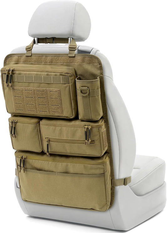 All in One Car Seat Back Organizer Fit Most Cars SUV Trucks Jeeps | Heavy Duty Molle Panel Seat Back Protector with Multi-Pockets Storage, for Tools, Toys, Camping, Travel, Daily Commuting