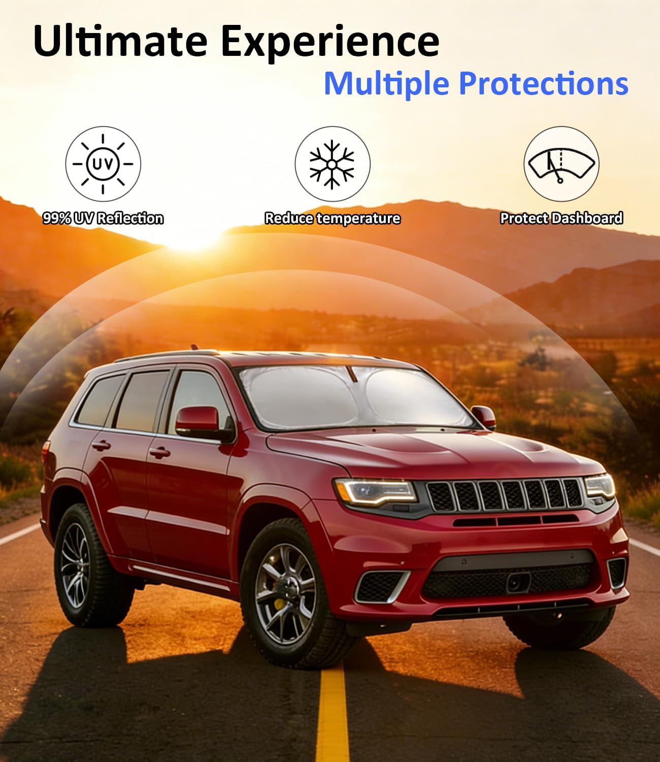 Windshield Sun Shade for 2011-2021 Jeep Grand Cherokee Accessories, Car Front Window Sun Visor Protector & Heat Shield | 240T Sunshade Protection Blocks UV Rays Keep Your Car Cooler