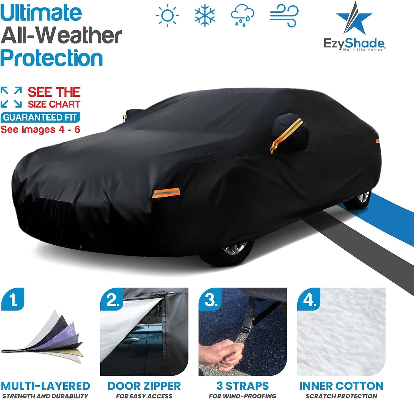EzyShade Multi-Layer Car Cover Waterproof All Weather - See Vehicle Size-Chart - Outdoor Full Exterior Covers for Automobiles - Sedan Hatch SUV - Rain Snow Sun Wind - Black, Size A1 (See SizeChart)