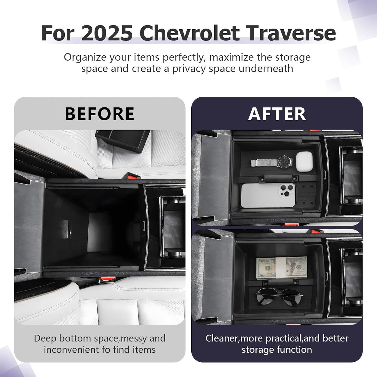 LUWU Center Console Organizer Tray Compatible with 2024 2025 2026 Chevrolet Traverse & 2024 2025 2026 GMC Acadia Accessories Armrest Console Organizer Armrest Organizer Insert Tray Black 2-Pack