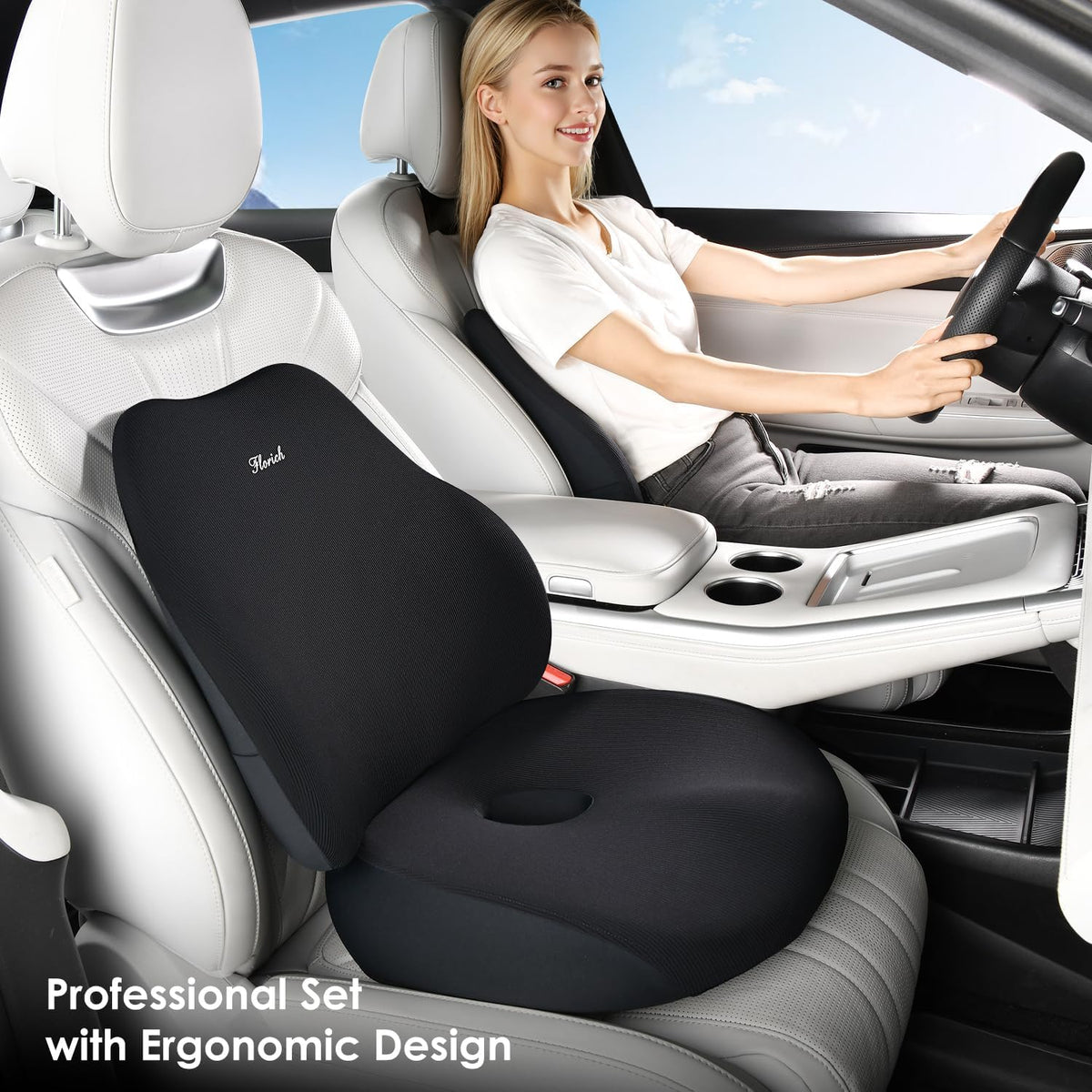 FLORICH Large Car Seat Cushion and Lumbar Support Pillow, Ergonomic Memory Foam Driving Seat Cushion for Back & Sciatica Pain Relief, Non-Slip Washable Seat Cushion for Car, Driver, Office-Black