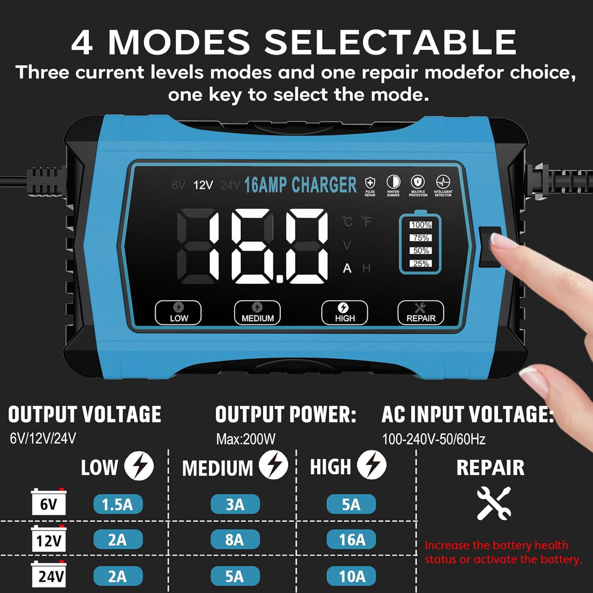 16A Battery Charger, 6V/12V/24V, Battery Maintainer Trickle Charger for Car