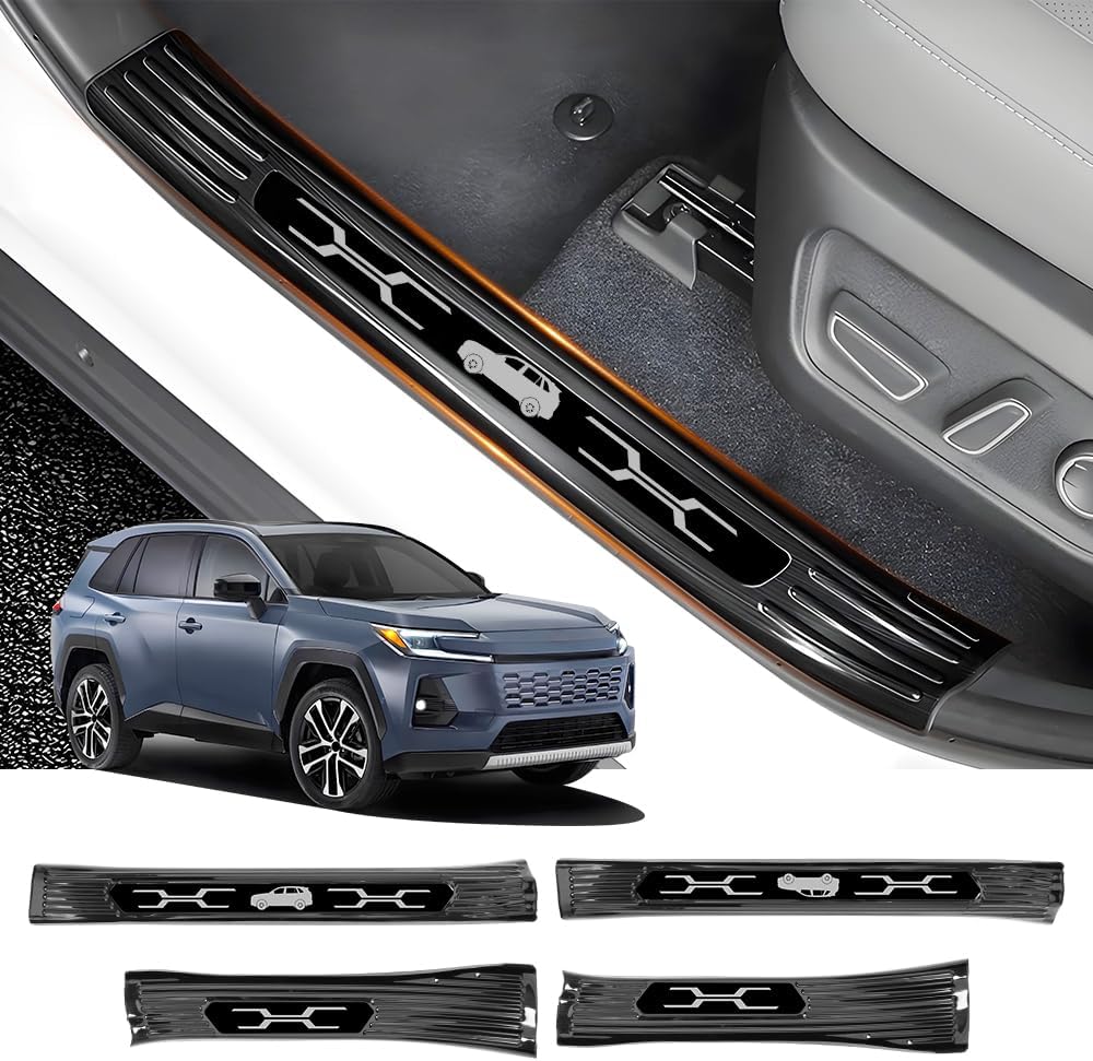 Door Sill Protector Trim for 2026 Toyota RAV4 Accessories Front and Rear Doors Car Pedal Kick Protection Stainless Steel Material，Black Brushed Finish Style Kit 4 PCS Interior Decor Accessory