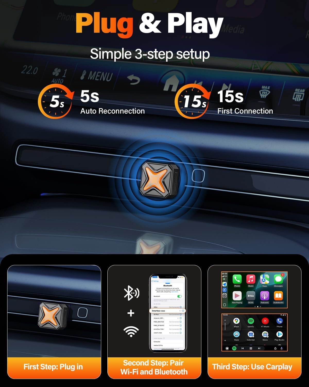 2026 Upgraded Mini Android Auto & Apple CarPlay Wireless Adapter for iPhone, Latest A7 Chip One-Click Switch, 3s Connect, Convert Wired to Wireless, Bluetooth 6.0, 5.8GHz WiFi, (iOS 12+, Android 11+)