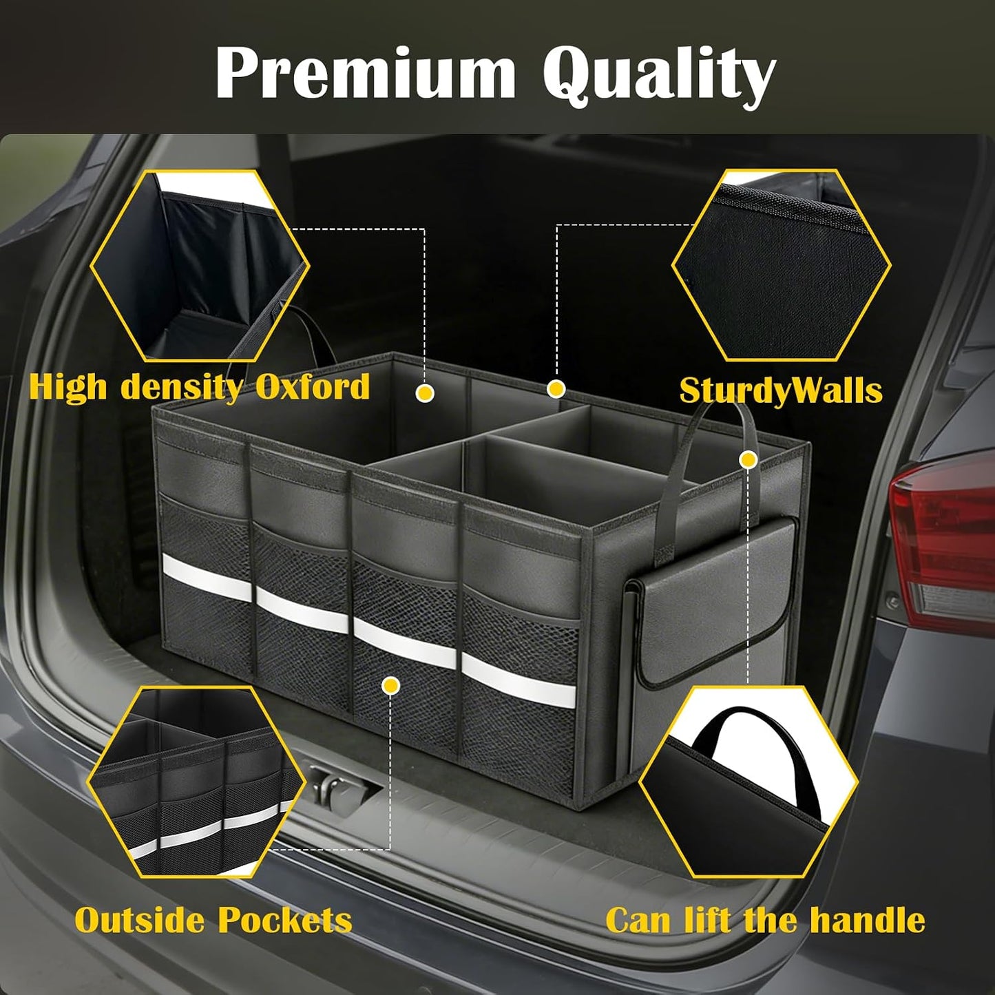 CloudDream Trunk Organizer for Car,70L Large Foldable Waterproof Organizer for SUV,Truck, Van & Sedan,3 Compartments, Black (Black-23.6")