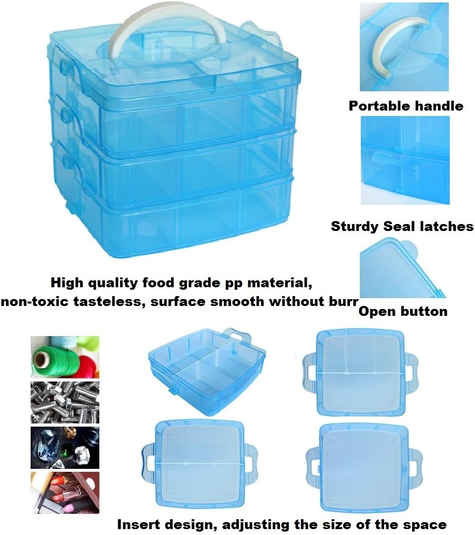 Kamay's 3-Tier Transparent Stackable Adjustable Compartment Slot Plastic Craft Storage Box Organizer for Toy Desktop Jewelry Accessory or Kitchen (3-Tier 18 Sections M White)