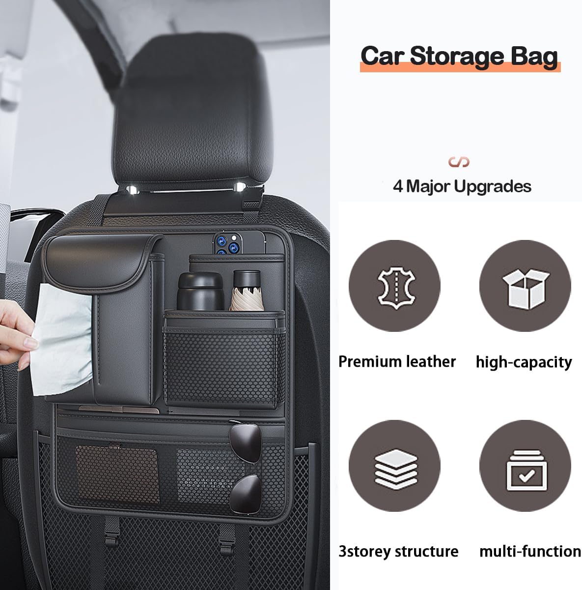 Backseat Car Organizer,5 Storage Pocketscar Seat Organizer,Car Storage Organizer with Foldable Food Tray,Car Seat Back Protectors Kick Mats Travel Accessories