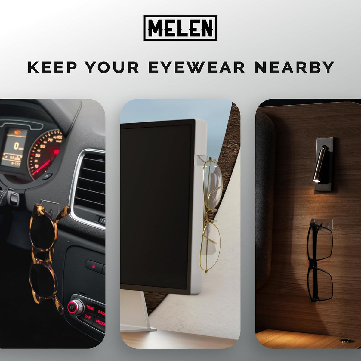 MELEN Adhesive Sunglass Organizer Wall (16-Pack) - Strong and Compact Glasses Holder, Sunglass Holder for Car and Wall - Clear