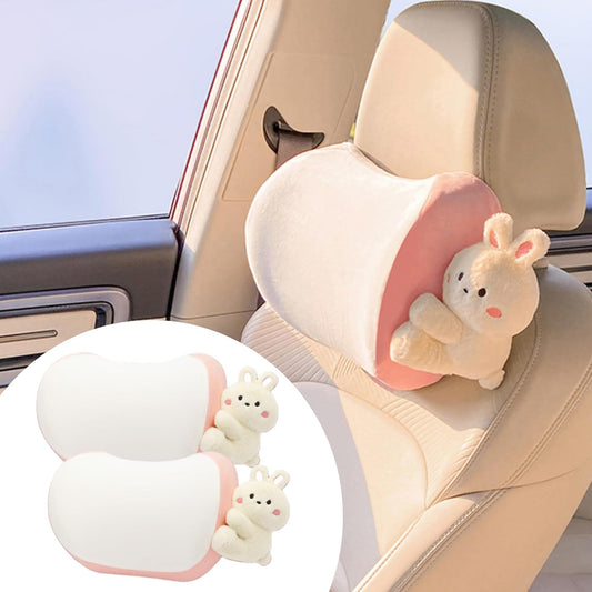Car Headrest Pillow 2PCS Bear or Bunny Car Seat Neck Pillow Car Decor Memory Foam Neck Support Cushions for Comfortable Driving, Easy Install &amp; Washable (Pink)