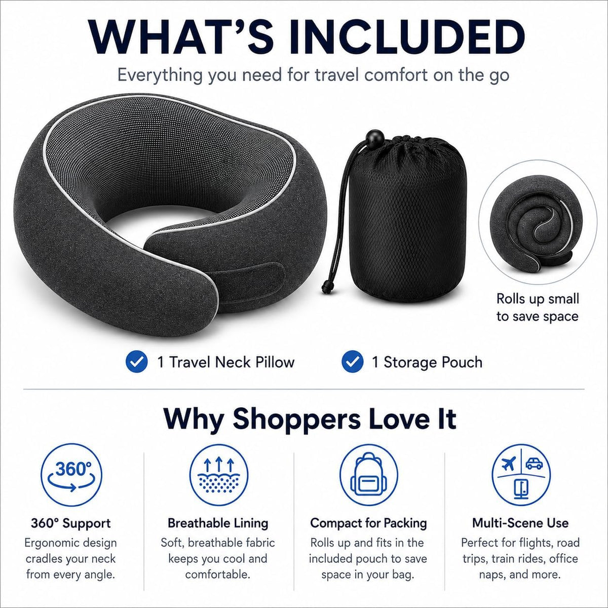 Travel Neck Pillow for Airplanes, Pure Memory Foam Neck Pillow with Washable Cover and Storage Bag, Ergonomic 360° Support for Sleeping, Car, Office, Home, Black