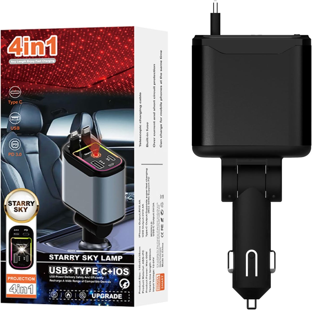 Starlight Retractable Car Charger,66W Fast Car Chargers Adapter 4 in 1 with 2 USB Car Chargers for Phone iPhone 16/15/14/13/12/11 and for Android - Black