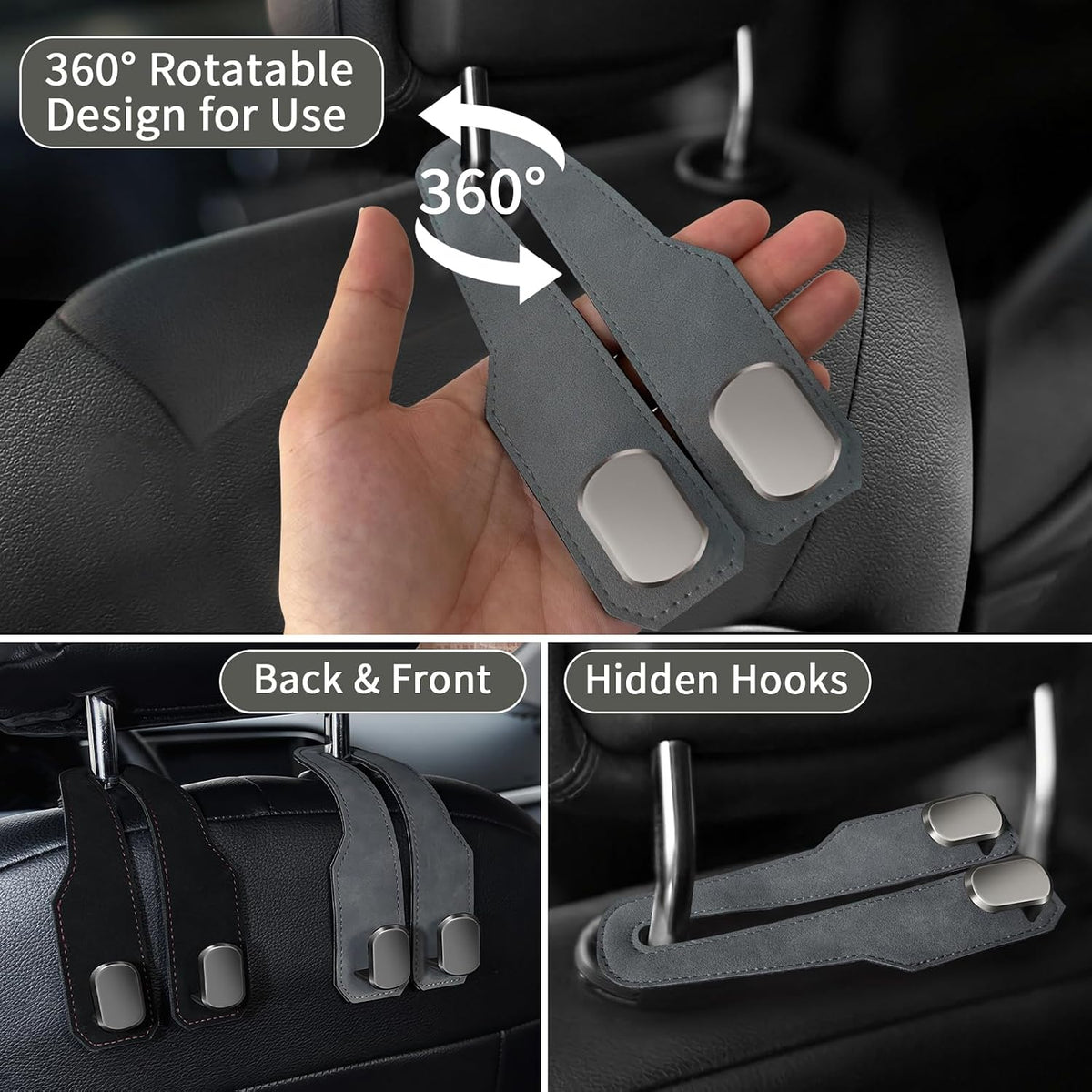 Car Purse Hook, Car Seat Headrest Hooks, Grey Leather 4 Pack