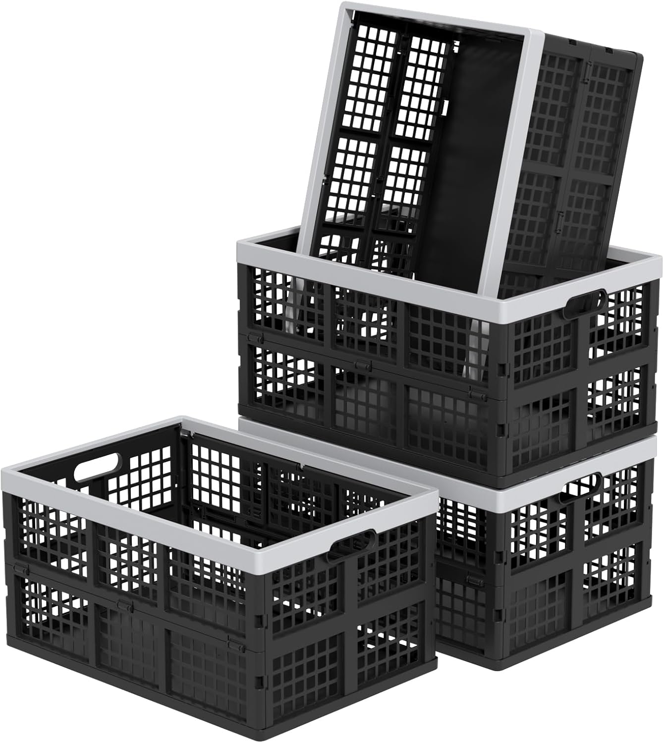 42L Collapsible Milk Crates, 4 Packs Foldable Storage Bins | Heavy-Duty Plastic Stackable Basket Crate, Black Folding Crate for Garage, Car, Pantry Storage