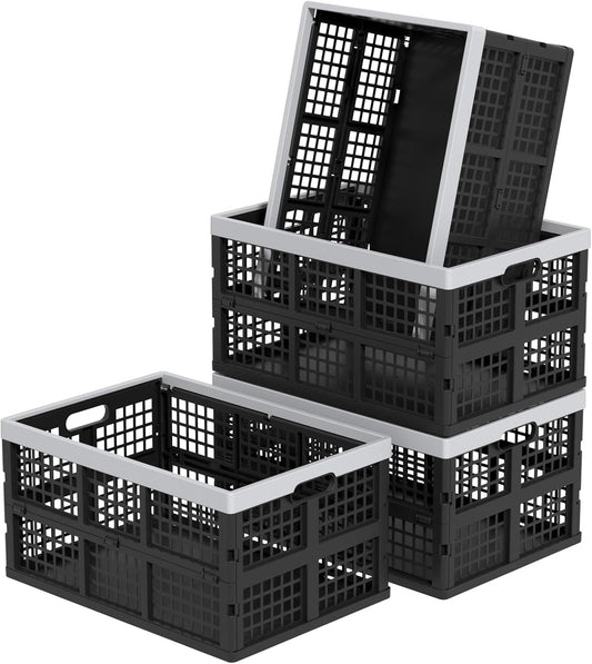 42L Collapsible Milk Crates, 4 Packs Foldable Storage Bins | Heavy-Duty Plastic Stackable Basket Crate, Black Folding Crate for Garage, Car, Pantry Storage