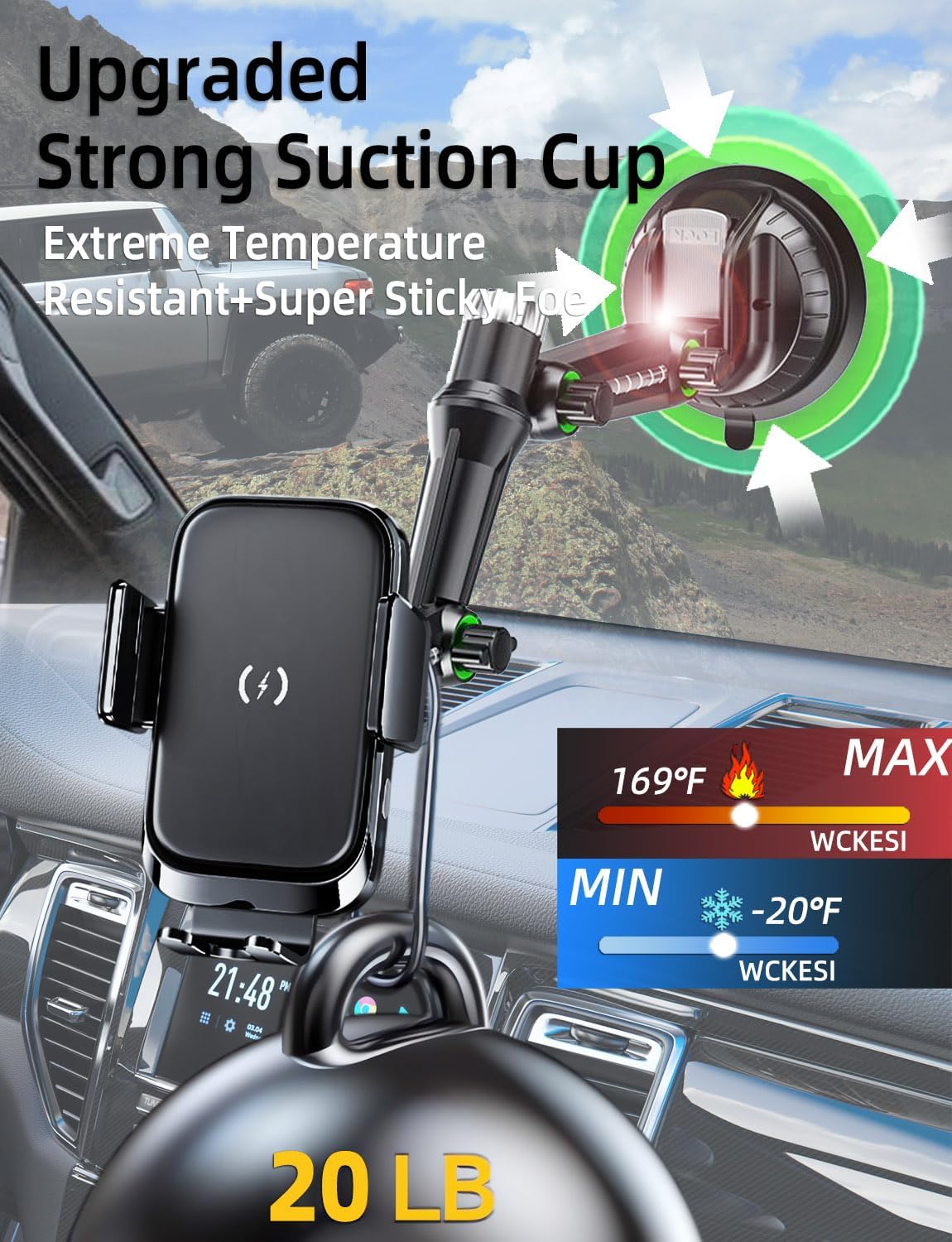 Wireless Car Charger Phone Mount Holder for Truck, 15W Fast Charging