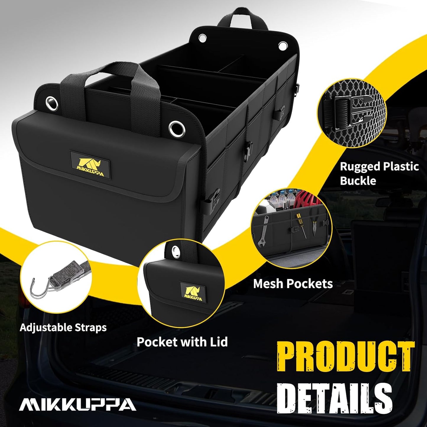 MIKKUPPA Car Trunk Organizer with Cooler, 100L, Premium Material, Black | Collapsible Heavy Duty Large Car Organizer, Sturdy Trunk Storage for SUV with Adjustable Straps and Non Slip Bottom