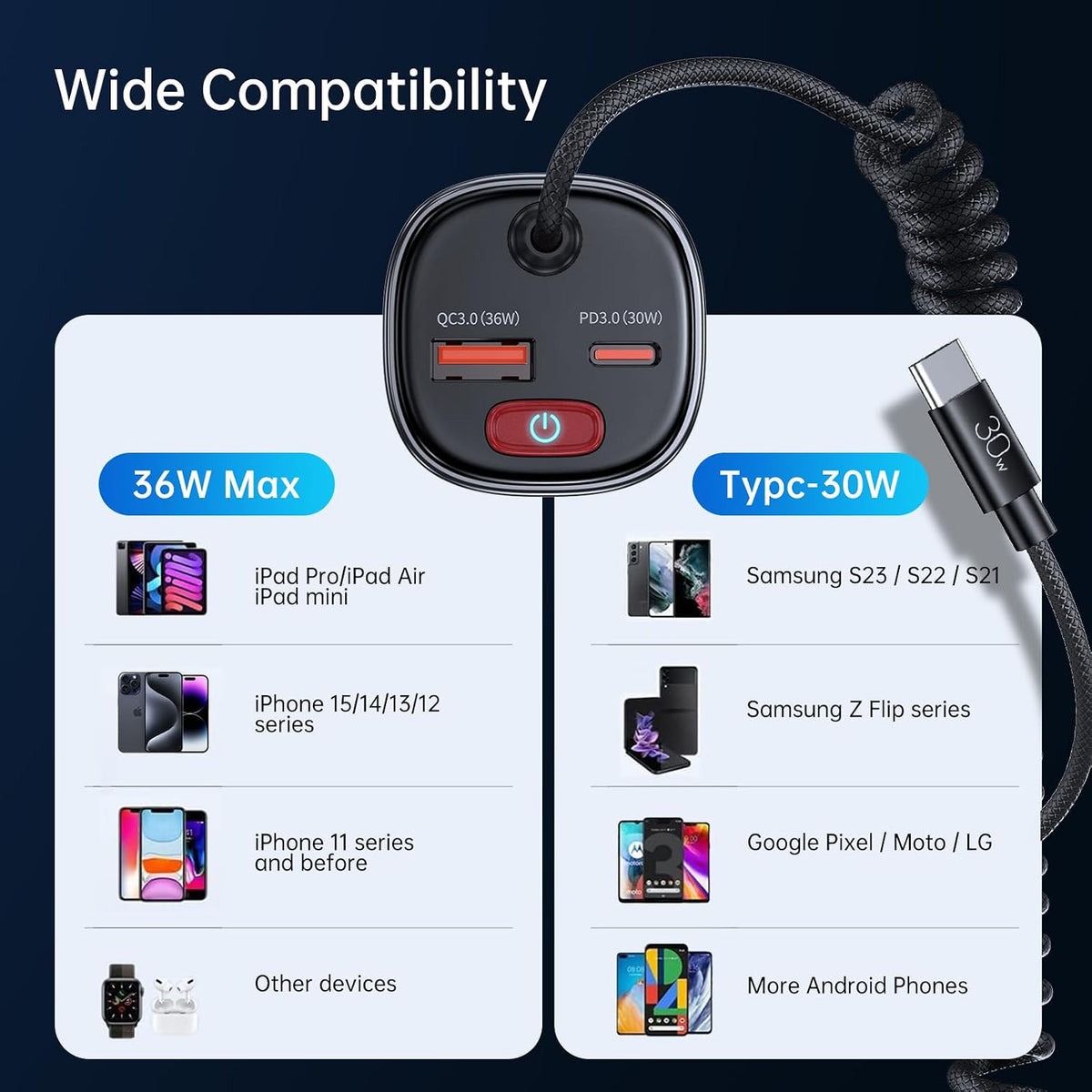 Syncwire USB C Car Charger 66W Super Fast Car Adapter with 6FT Coiled Cable