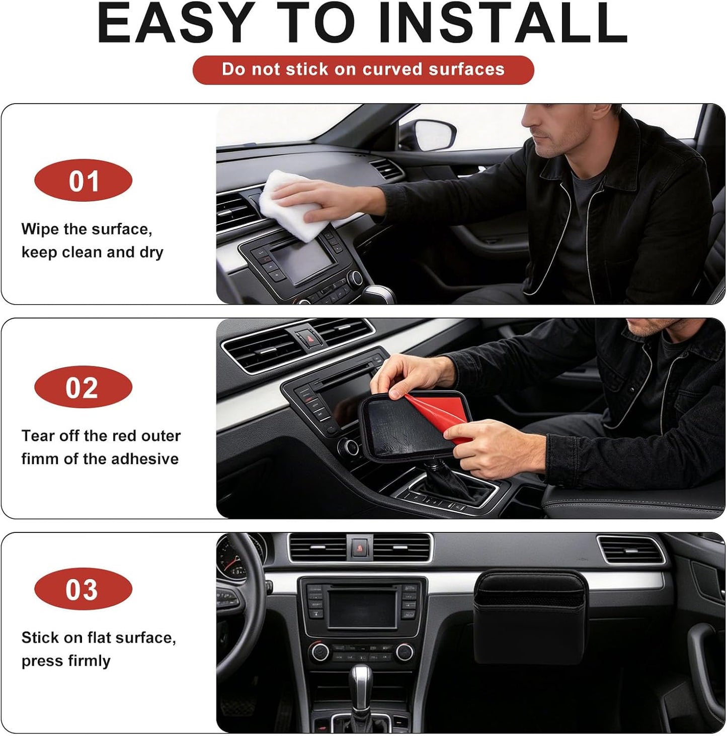Car Seat Side Organizer, PU Leather Adhesive Storage Pocket, Car & Truck Interior Accessories, Auto Door Console Gap Filler, Sunglass Holder & Phone Pouch for Keys, Wallet, Cards, Pen, Black