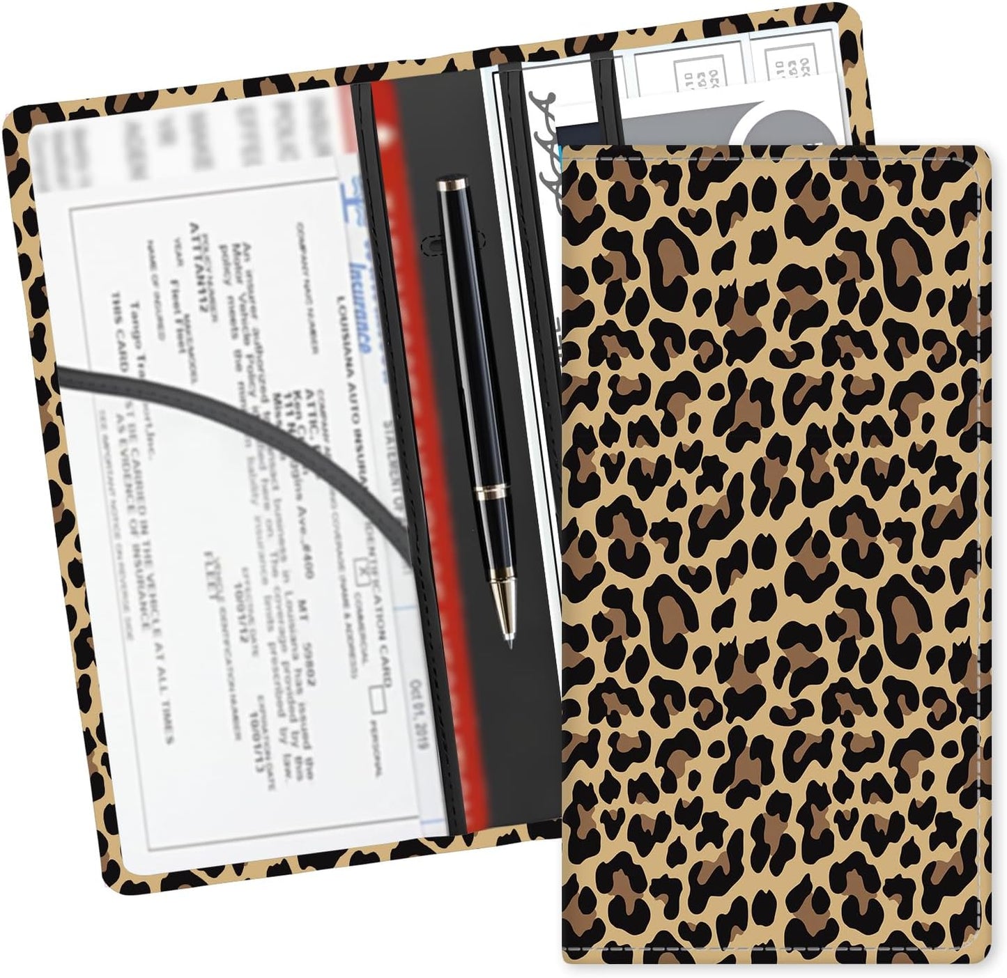 Leather Car Registration and Insurance Card Holder, Cute Car Accessories Vehicle Glove Box Car Organizer for Documents, Cards, License Luxury Brown Leopard