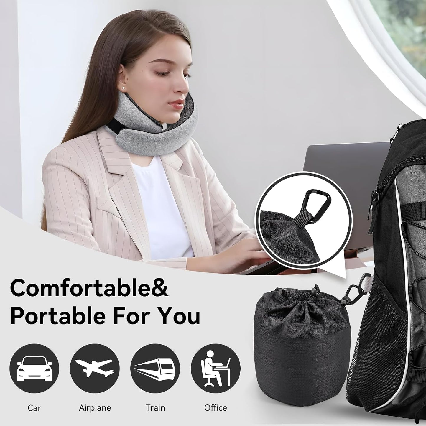 Travel Neck Pillow for Airplanes, Memory Foam Neck Pillow with Ergonomic 360° Support, Compact Design for Plane, Car & Office Travel Essentials, Gray