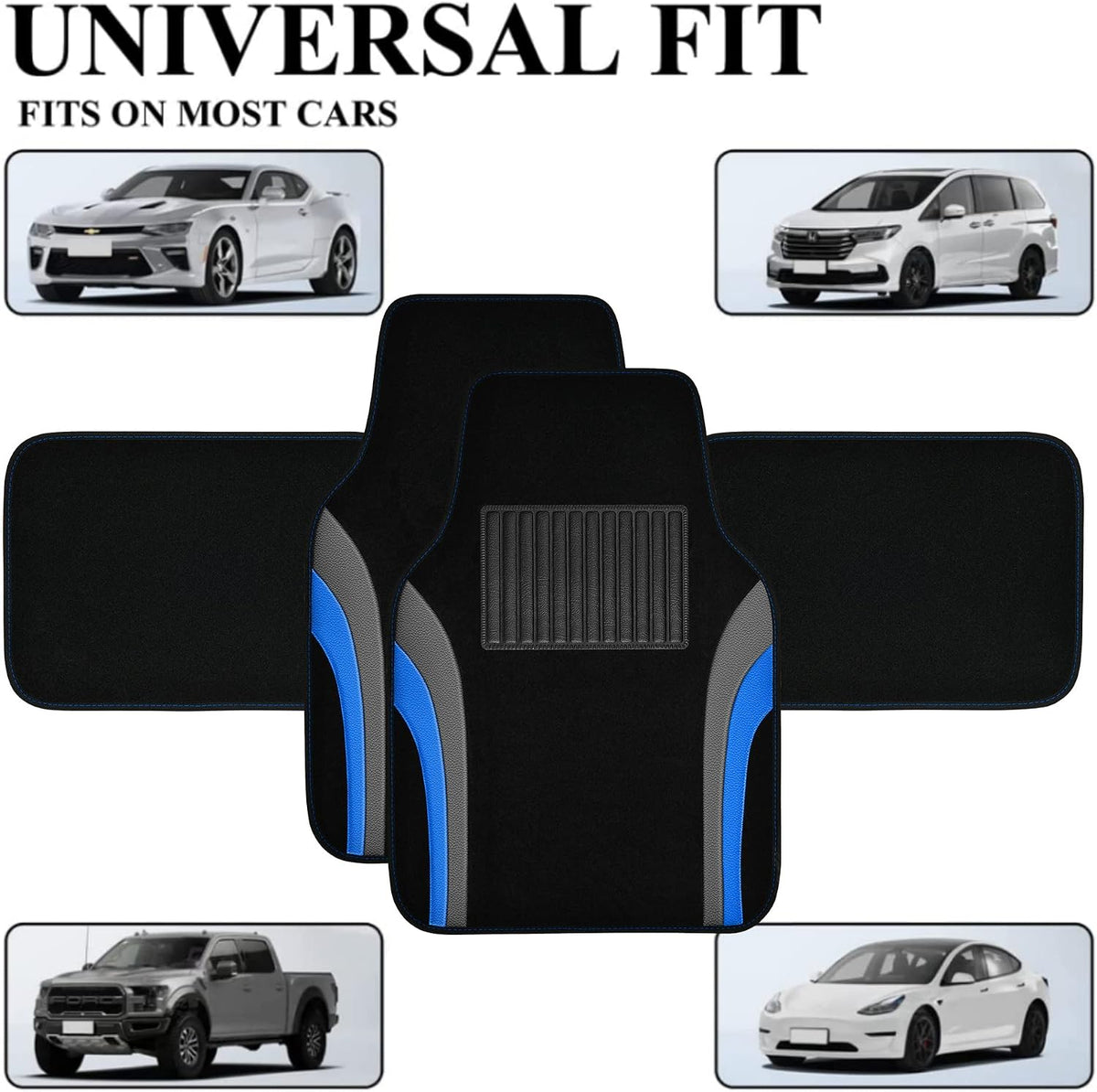 CAR PASS Leather Sporty Car Floor Mats Carpet, Universal Waterproof Automotive Floor Mat Fit for Sedans, Cars, Mid Trucks, Vans, SUV, Set of 4 (Black and Blue)