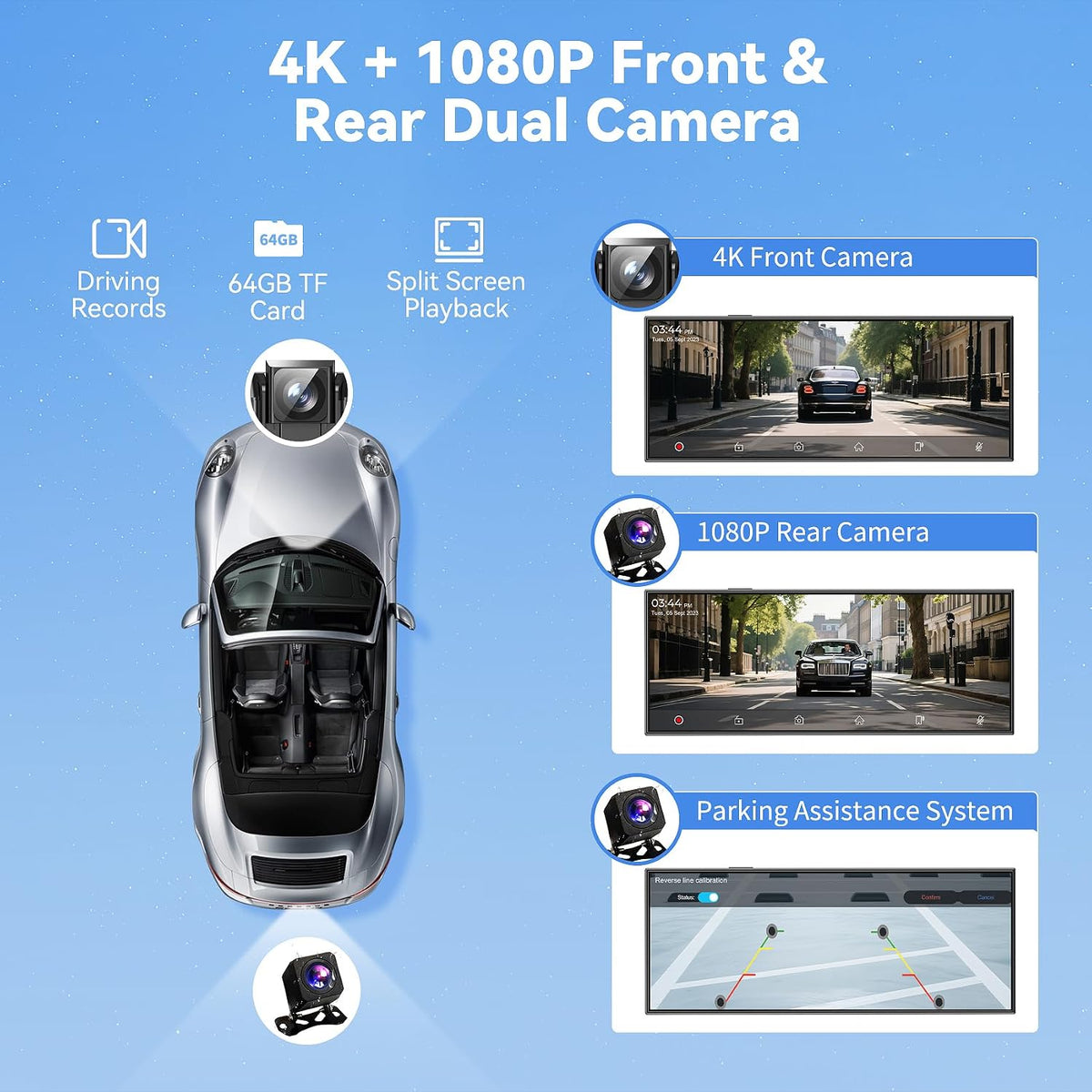 11.5" Extra Large Wireless Apple CarPlay Screen for Car, 4K Portable Car Play Screen & Android Auto HD Touch Screen, Dash Cam Front and Rear, App Control, Mirror Link, Voice Control
