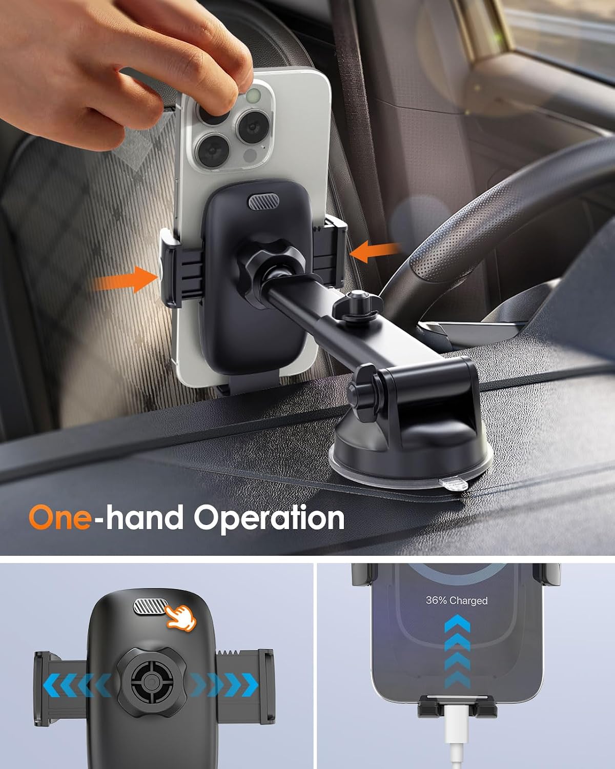 pop-tech Phone Mount for Car, [Military-Grade Suction] Universal Cell Phone Holder for Your Car Dashboard Windshield Window, Automobile Cradle Fit for iPhone Samsung All Smartphones with Thick Case