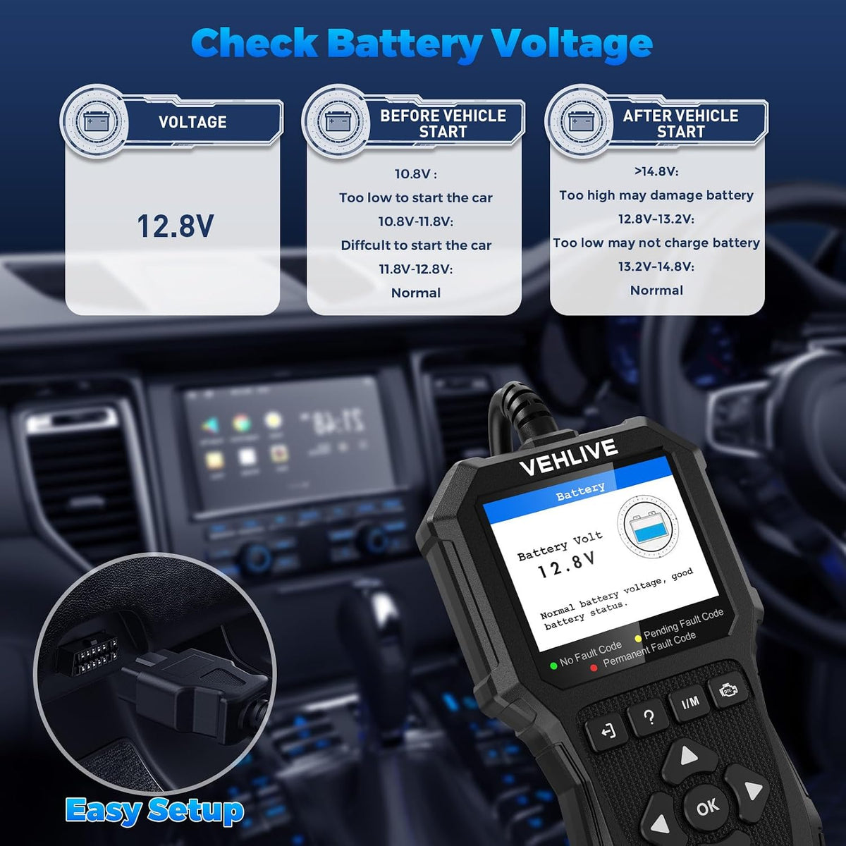OBD2 Scanner Diagnostic Tool, Check Engine Light Car Code Reader with Reset, Battery Tester, Live Data, Freeze Frame, I/M Readiness, Car Scanner Diagnostic Tool for All OBDII Car After 1996