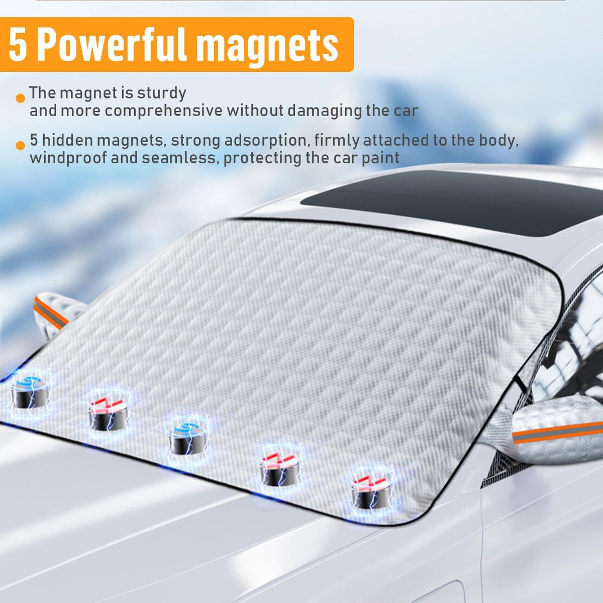 Car Windshield Snow Ice Cover with Side Mirror and Elastic Hook, 5 Magnetic Automotive Windshield Snow Frost Cover, Foldable Car Windshield Sun Shade for Most Cars, SUV/Truck/MPV(61"x46"Inch)