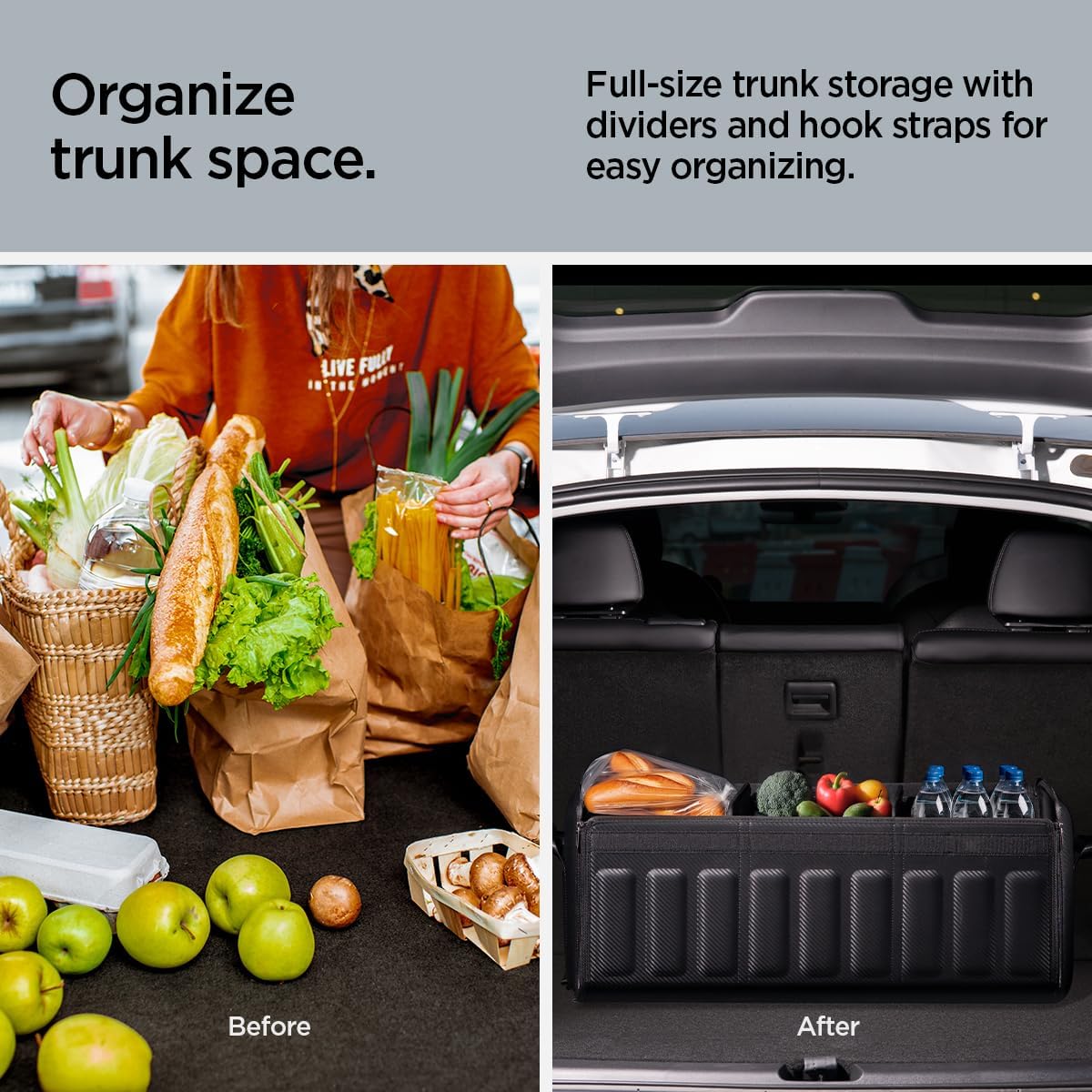 Spigen Trunk Organizer - Collapsible Heavy Duty Foldable with Lid, for Tesla Model Y Juniper L, Model 3/Y/S/X/Cybertruck, Sedan, and all Cars and SUVs - Black