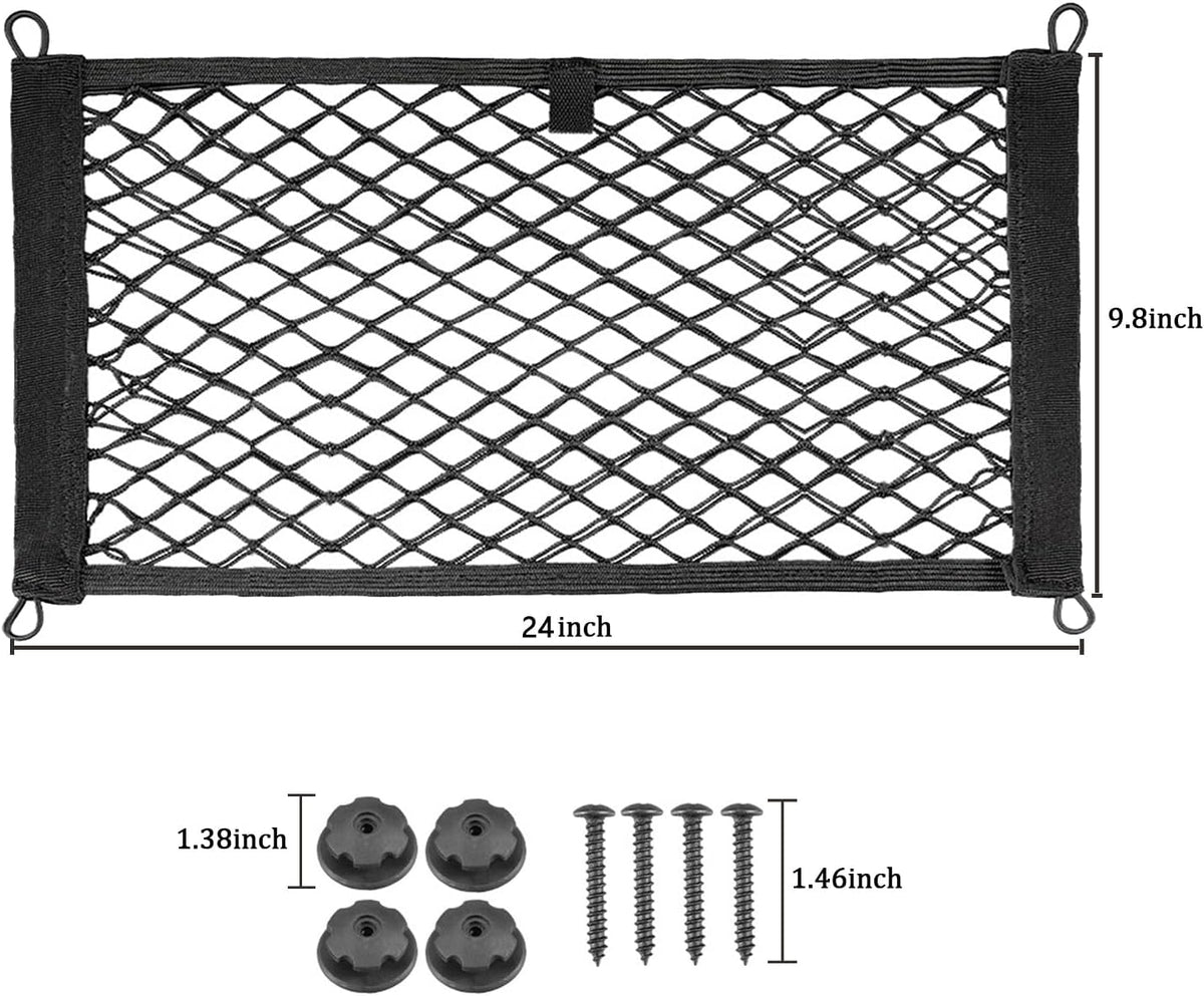 2 Pack Universal Mesh Cargo Net，BetterJonny Stretchable Elastic Automotive Cargo Nets with 8 Pieces Mounting Screws and Hooks for Car Trunk Storage Mesh Pocket Net(24 x 9.8 Inches)